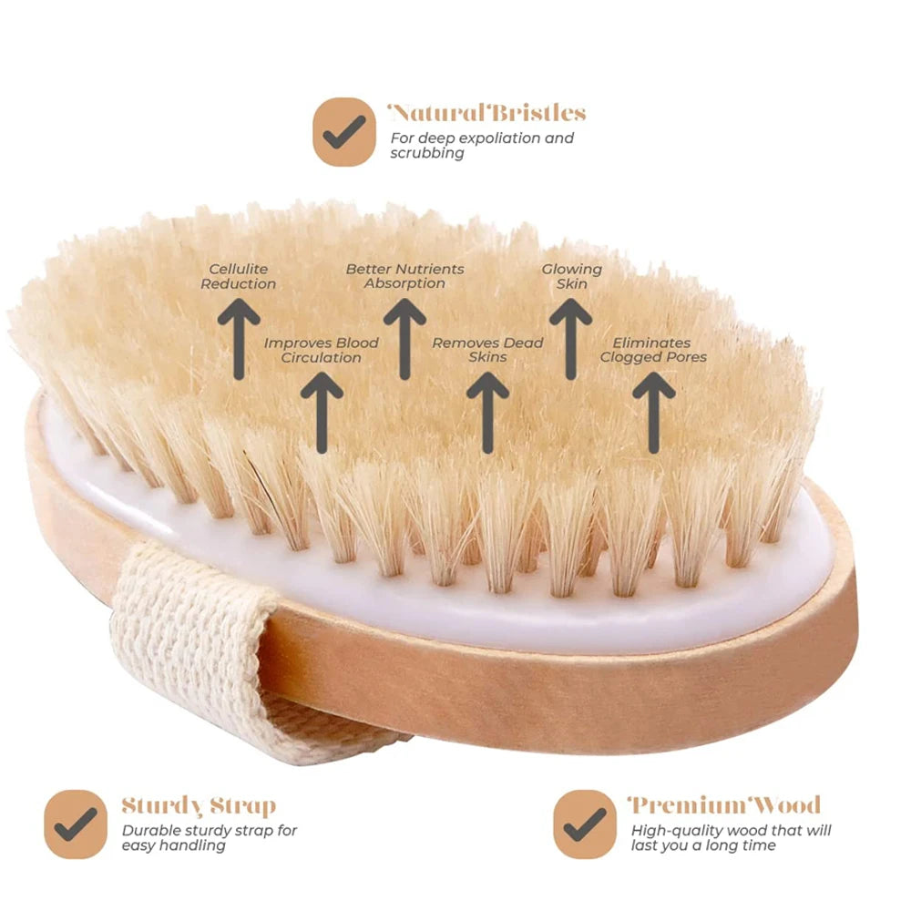 Wooden Natural Bristle Soft Exfoliating Bath or Shower Brush for body massage & skin care